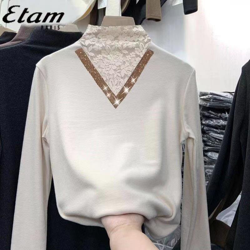 

Двусторонняя самонагревающаяся футболка из немецкого бархата, бархатная утолщенная футболка с полувысоким воротом и длинными рукавами, женский топ, кружево, осень M（85-100） белый