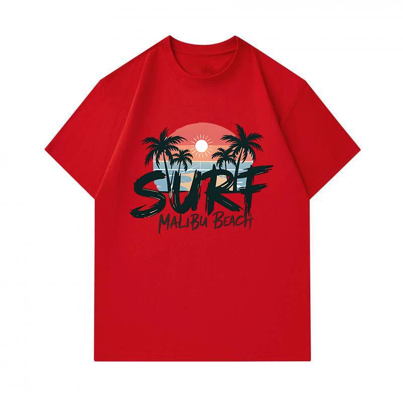 Men's 100% Cotton Crew Neck Short Sleeve T-Shirt, Surf Malibu Beach Retro Palm Sunset Print Casual Breathable Summer Top for Daily Outdoor Surfing Str