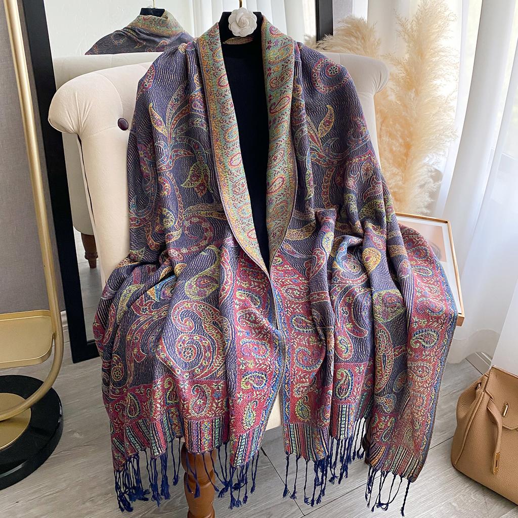 Fashion Women'S Faux Cashmere Winter Shawl Vintage Print Tassels Thick Warm Pashmina Two-Sided Outdoor Scarf Wraps Foulard