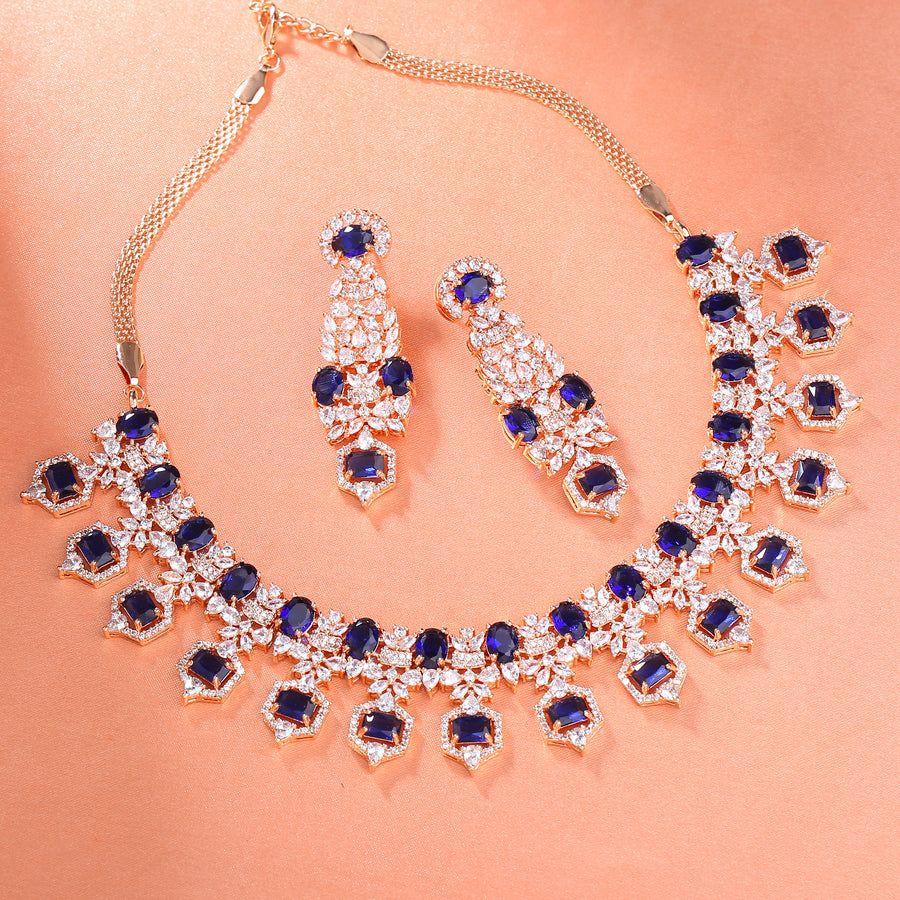 Amazing Estele Rose Gold Plated CZ Blue Stone Necklace Set For Women