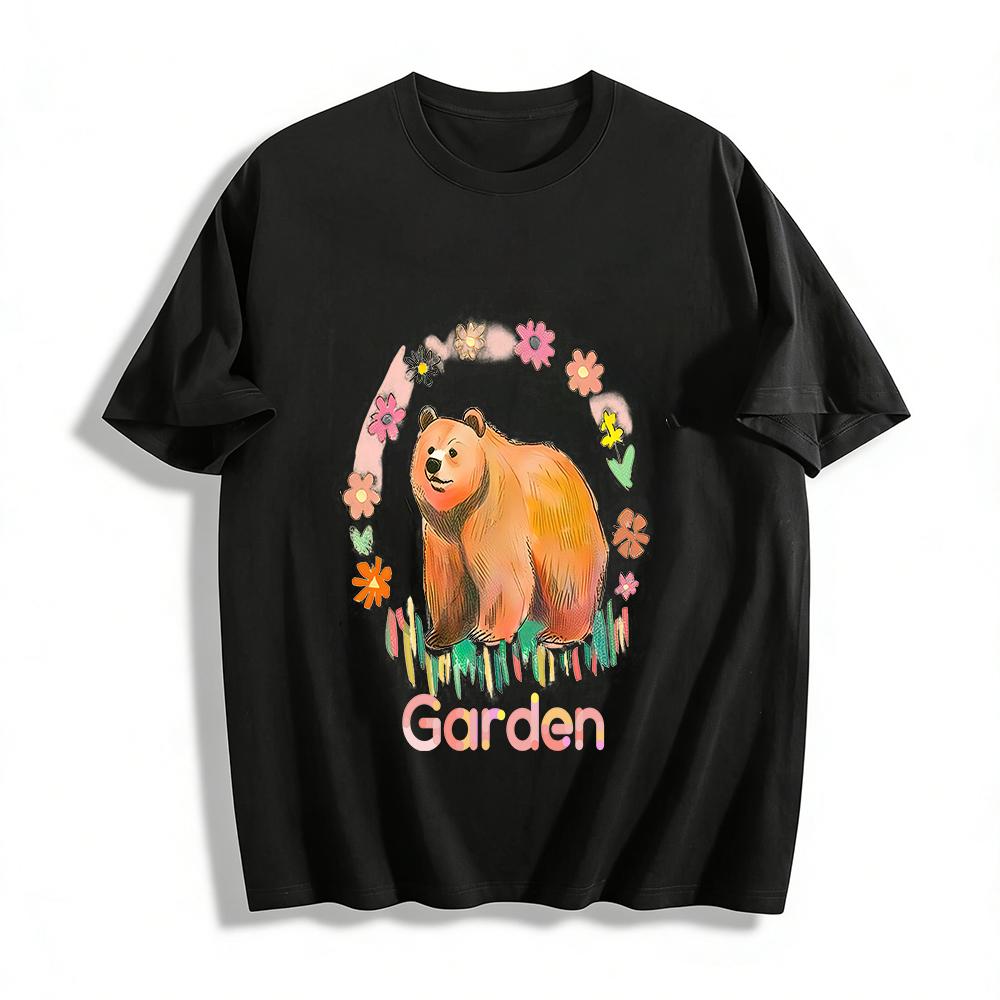 Cute Garden Brown Bear Print Casual T-Shirt Loose Breathable Top for Daily Outings and Trips Pure cotton T-shirt XXS