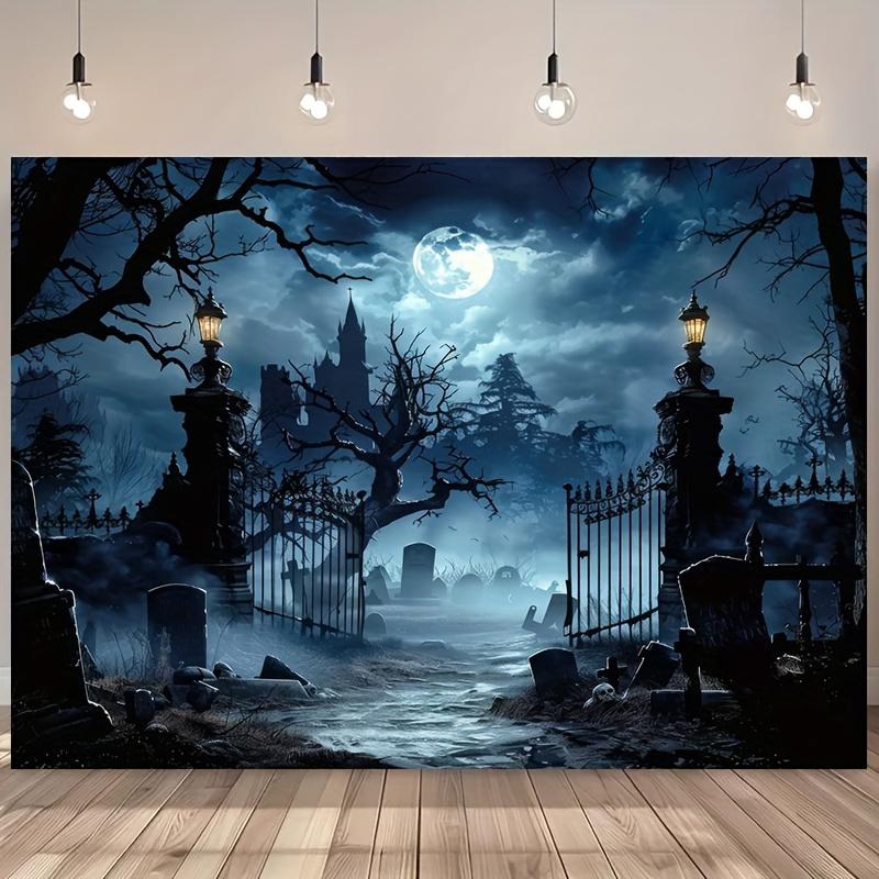 Gotischer Friedhof und Vollmondschloss als Halloween-Kulisse, alte Kirche und Friedhofsszene