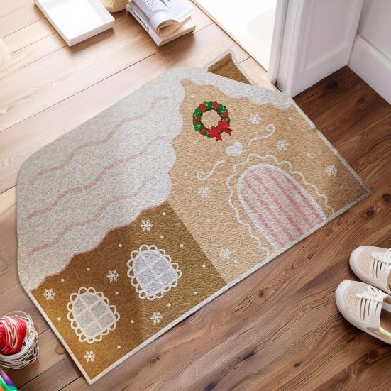 Christmas Entrance Rug Gingerbread House Floor Mat Dirt Scrubber Washable Vintage Holiday Doormat with Non-Slip Backing for Front Door Entryway Porch