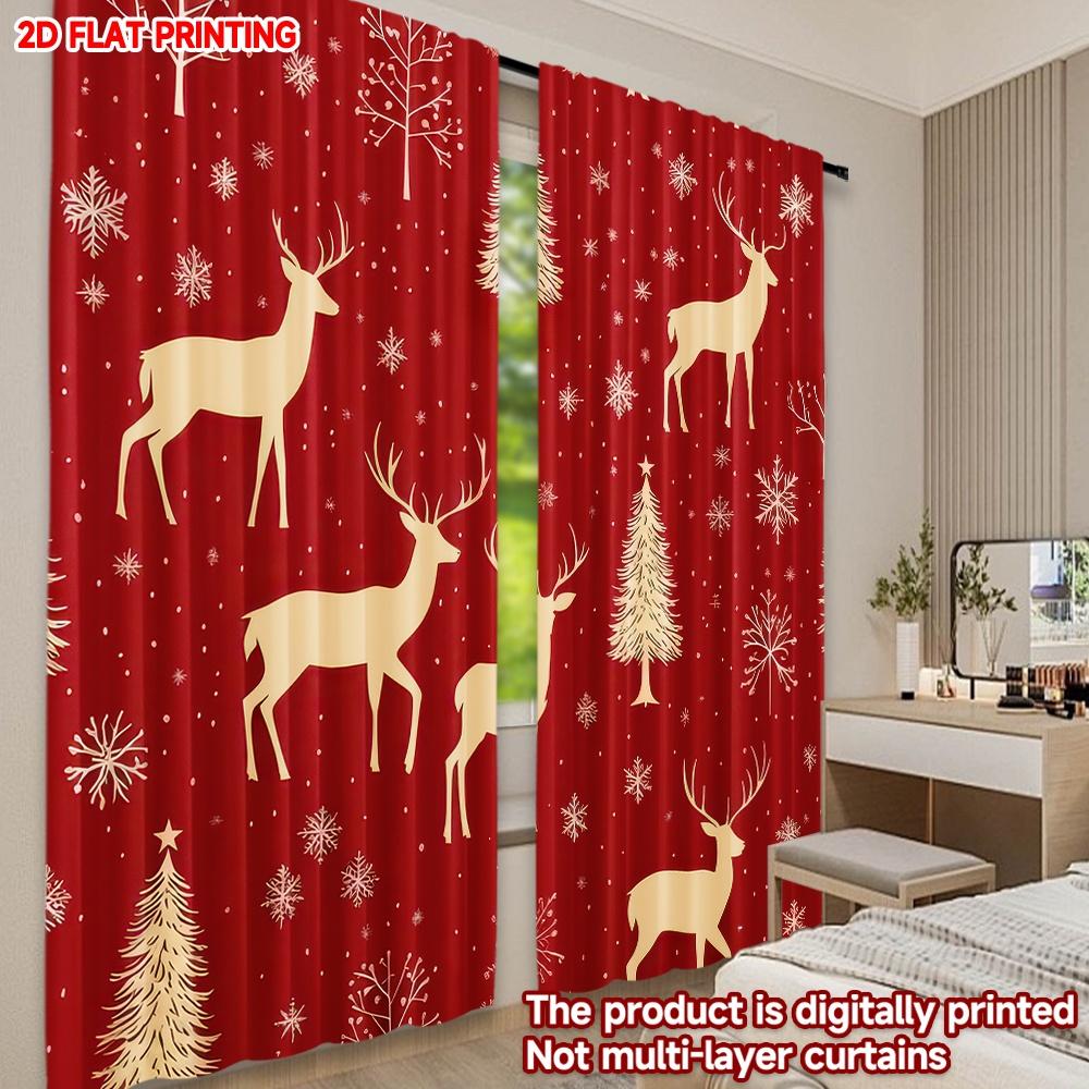Flat Printing Happy Christmas Party Curtains Reindeer Snowflakes Digital Printed Polyester Drapes Durable Curtain Set Of 2 Made Washable