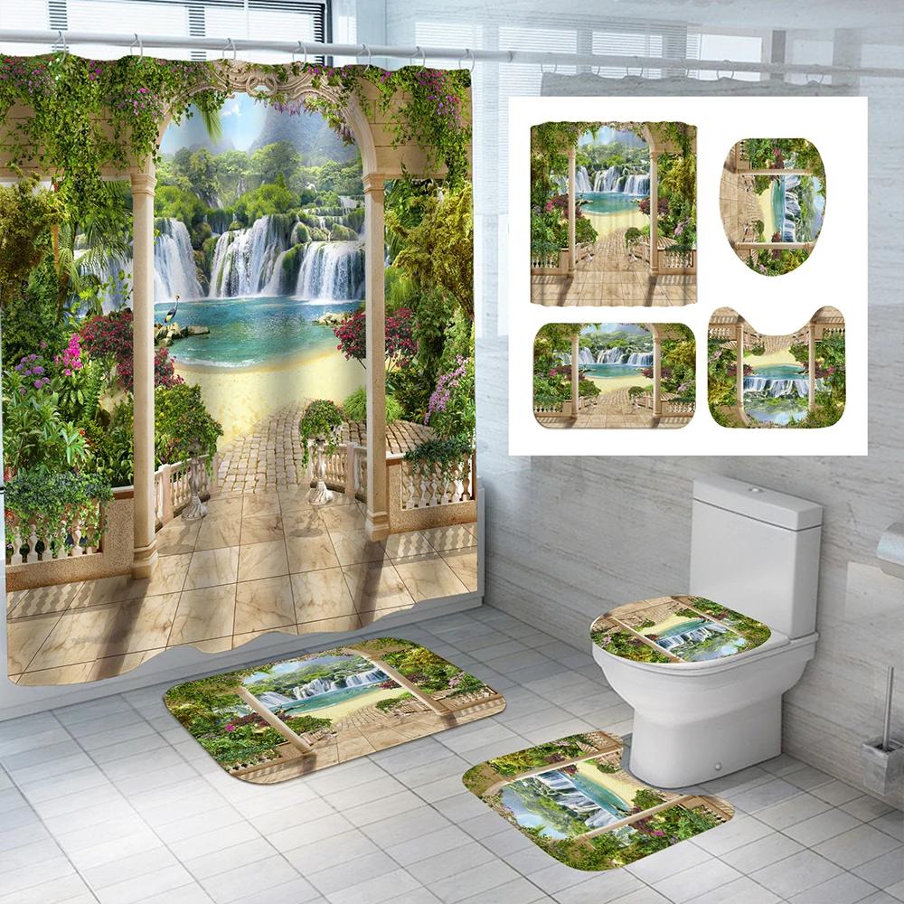 Sunny Beach Pattern Waterproof Polyester Shower Curtain With Hooks Anti-Slip Soft Bath Carpet Mat Lid Toilet Cover Home Decor