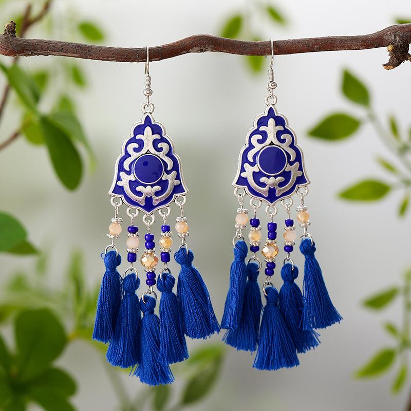 Ethnic Bohemian Tassel Earrings For Women Geometric Enamel Crystal Beads Handmade Long Vintage Female Drop Dangle Earrings Gift