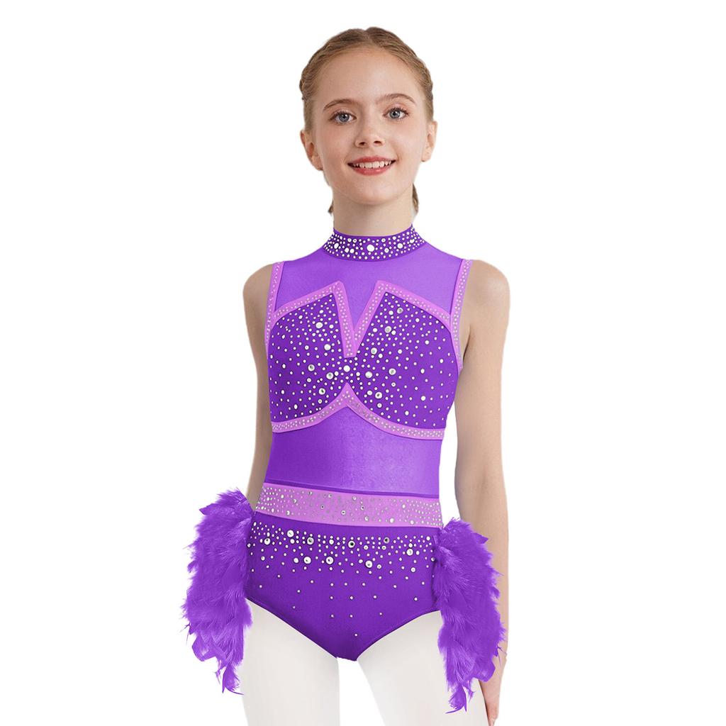Girls Jazz Latin Dance Costume Shiny Rhinestones Color Block Leotard with Feather Skirt Sleeveless Cutout Back