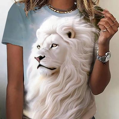 Maglietta casual da donna con stampa 3D a forma di leone, girocollo, manica corta, oversize, primavera ed estate