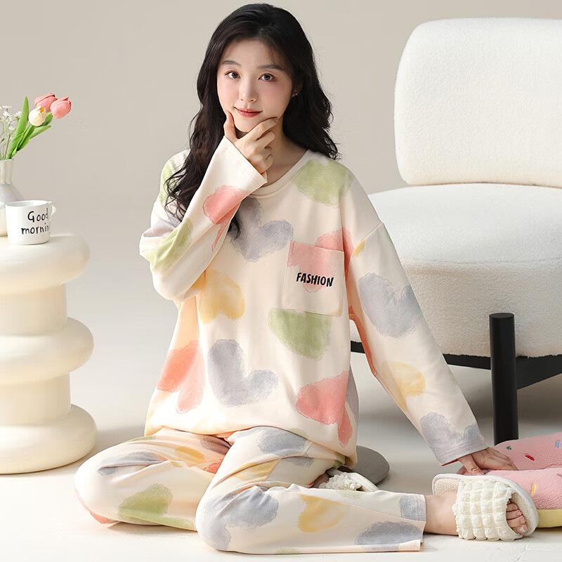 Autumn and winter sweet casual pajamas women's round neck long-sleeved trousers set loose can be worn outside spring and autumn women's loungewear