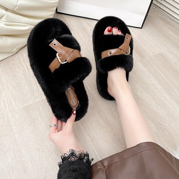 Fashion High-end Fluffy Shoes for Women's Outer Wear 2025 Spring and Autumn New Women's Belt Buckle Thick-soled Lazy Slippers for Women