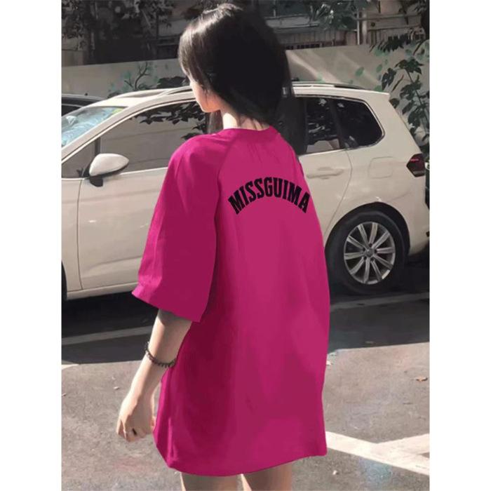 

Good quality goods + rear bag collar pure cotton short-sleeved printed 200g T-shirt shoulder-length loose medium and long summer top women S