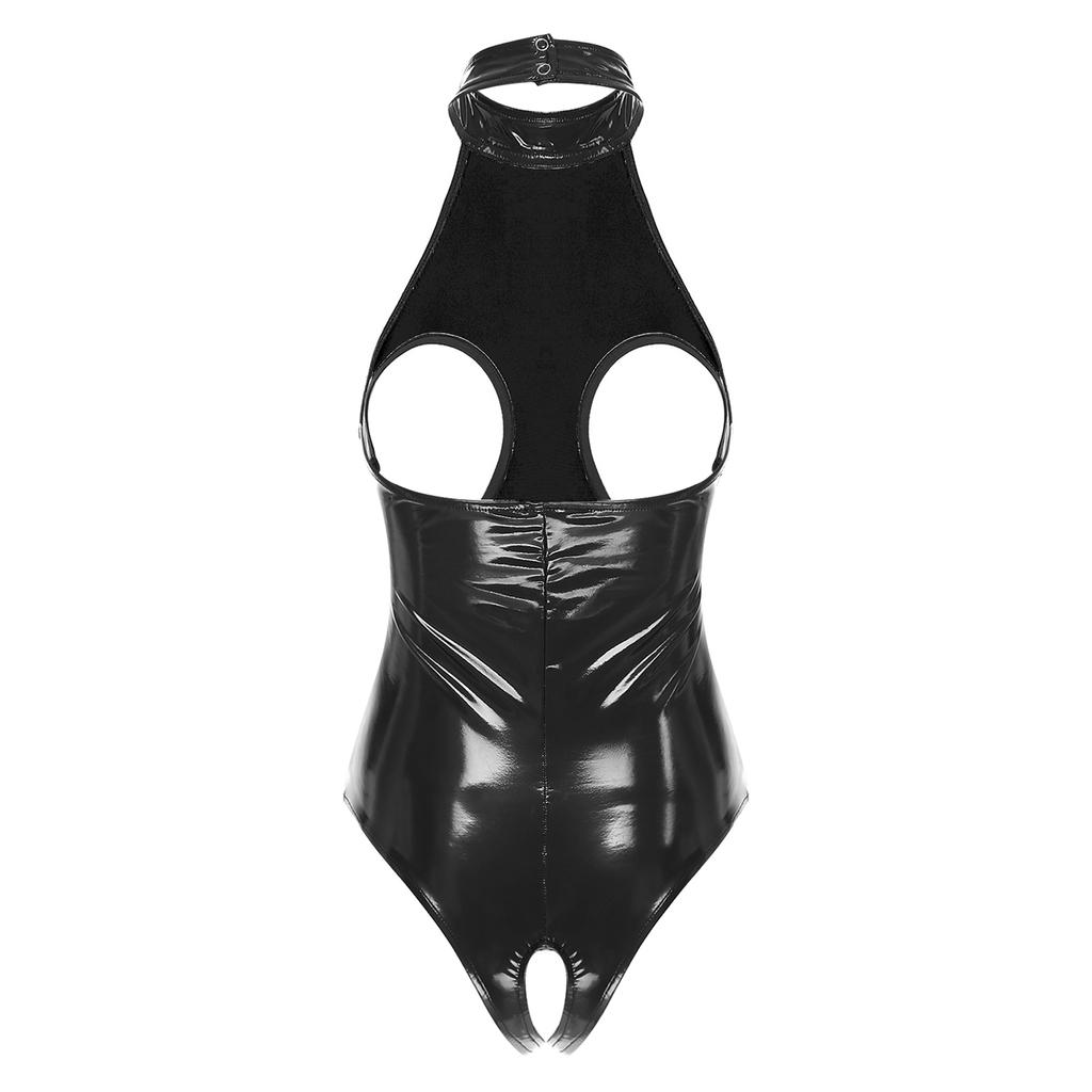 Damen Lackleder Bodysuit Neckholder Cutout Design Schrittlos Rückenfrei Einteiler Clubwear Reizvolles Outfit