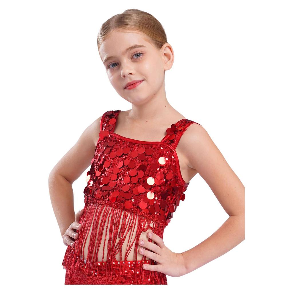Dívčí taneční crop top se širokými ramínky a třásněmi z lesklých flitrů pro jazzové párty vystoupení