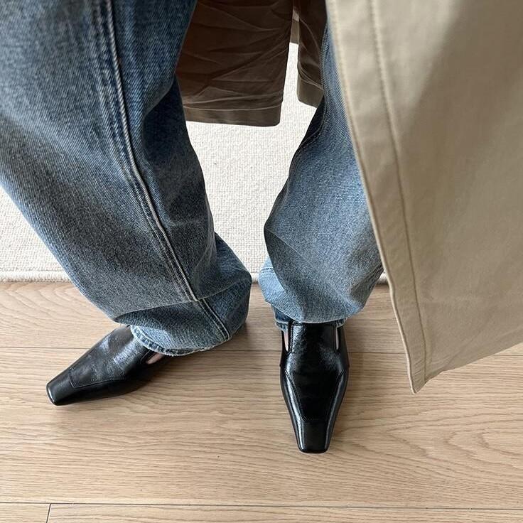 Sheepskin~ British Style Leather Square Head Wedge Heel Loafers Women's French Lazy One-pedal Women's Shoes Retro Small Leather Shoes