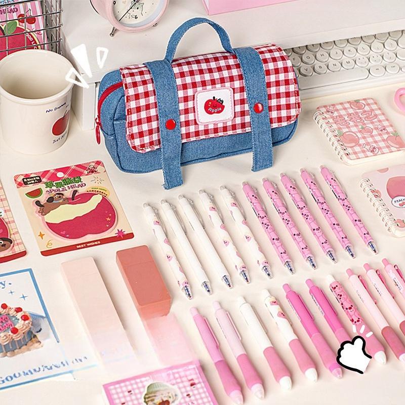 Adorable Bitten Apple Design Pencil Case Sweet American Denim Stationery Organizer with Handle Spacious Pencil Bag for School