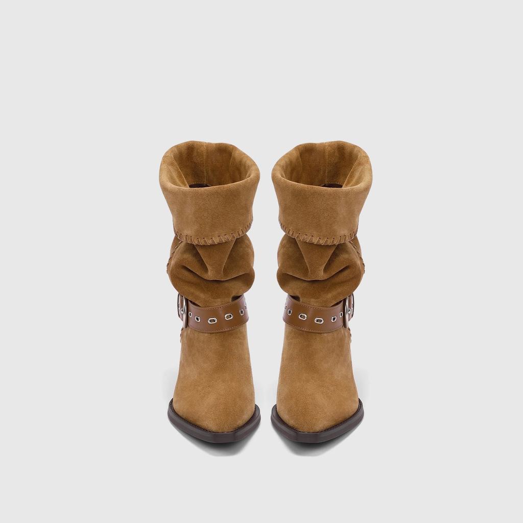 Suede Retro Mid-tube Pointed Boots 2025 New Solid Color Knight Short Boots Mid-heel Pleated Western Cowboy Stacking Boots