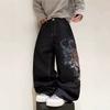 Stylish Printed Loose Fit Straight Leg Denim Pants Men Casual Streetwear High Waist Jeans