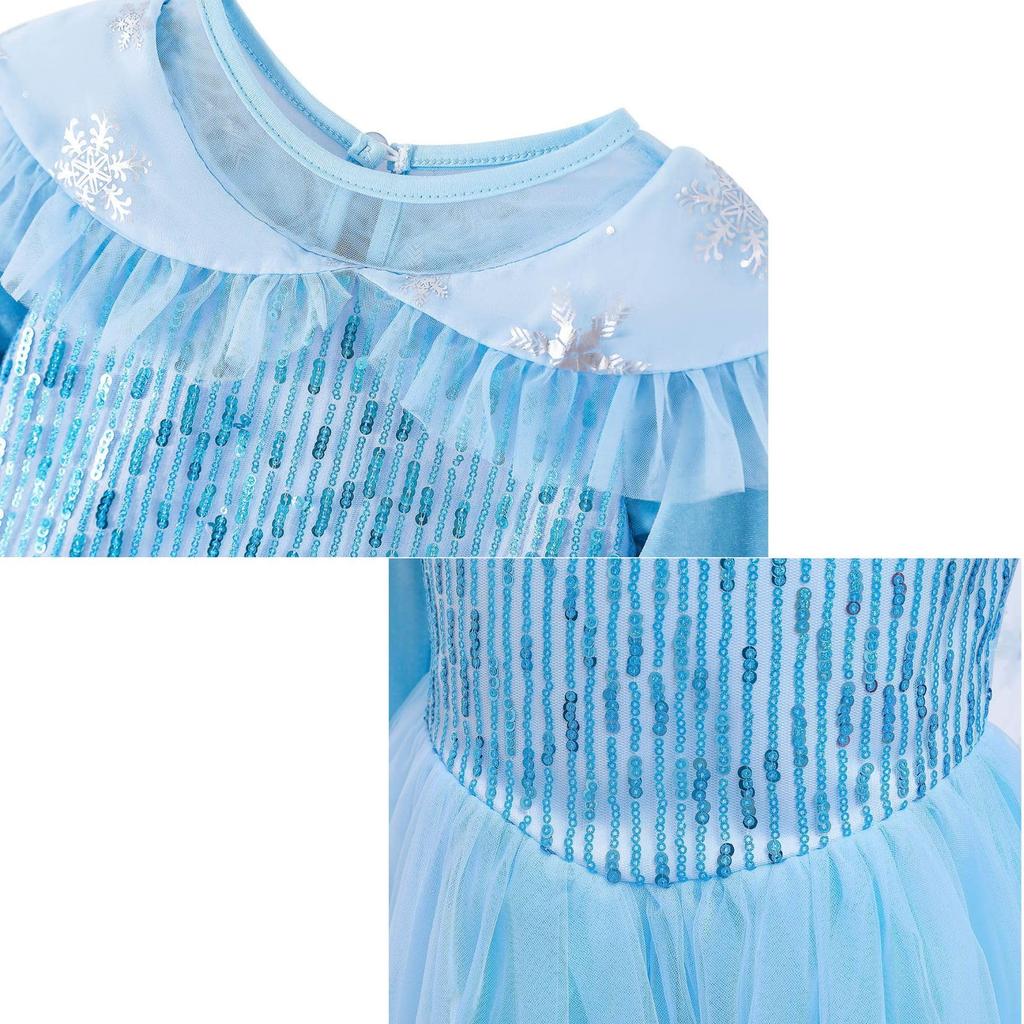 MANAMANA Princess and Costume Light Sizes and 130 cm Long Children's Dress, Tiara, Snowflake, Stick, Gloves, 4-Piece Set, Blue, Girls, 100, 110, 120,