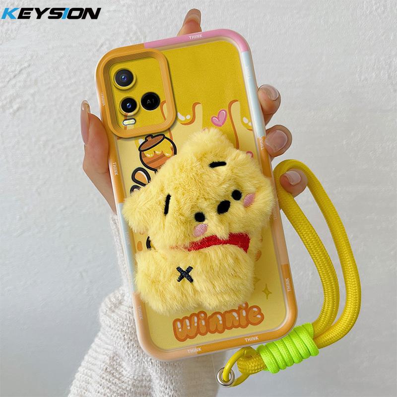 KEYSION Cute 3D Cartoon Plush Case for VIVO Y21 Y21S Y33S Y33T with Lanyard Soft Silicone Shockproof Phone Cover for VIVO T1X