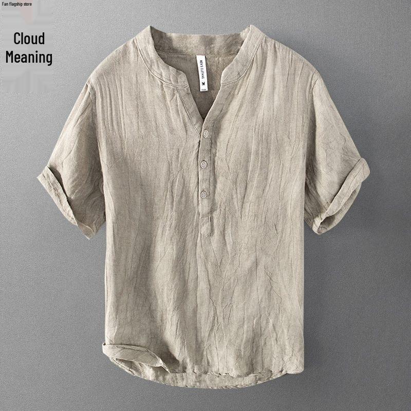 

Мужская летняя льняная футболка с V-образным вырезом - Короткий рукав, Свободный крой, Ретро китайский стиль 5XL