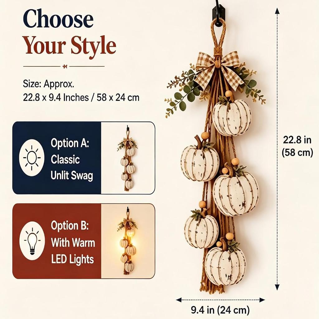 Rustic White Pumpkin Hanging Swag Fall Wall & Door Decor Distressed Wooden Pumpkins with Plaid Bow and Optional Warm LED Lights for Farmhouse Fall