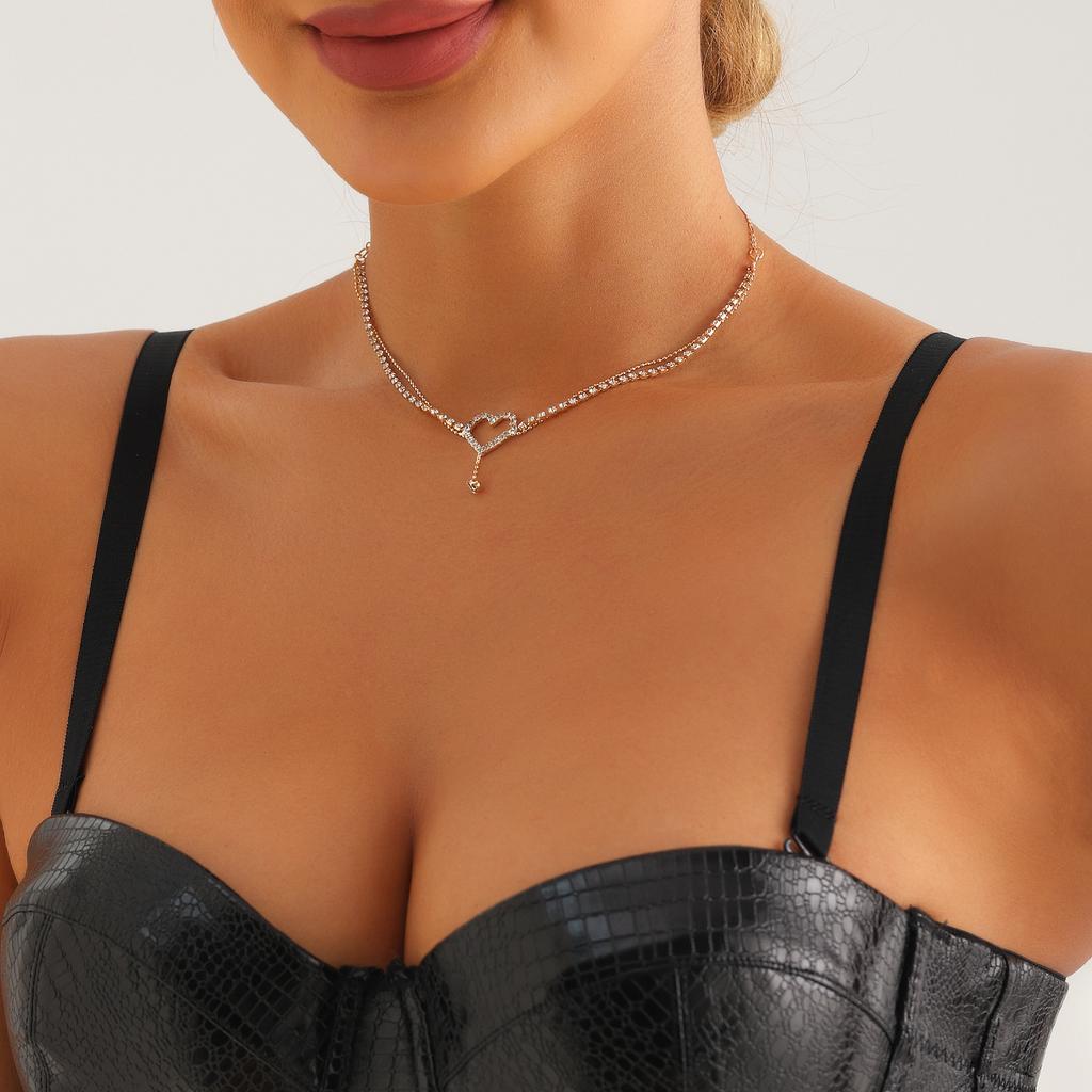 Double-Layer Flash Diamond Love Short Necklace Choker Pendant Neck Strap Neck Chain Neck Jewelry Women'S Collarbone Chain