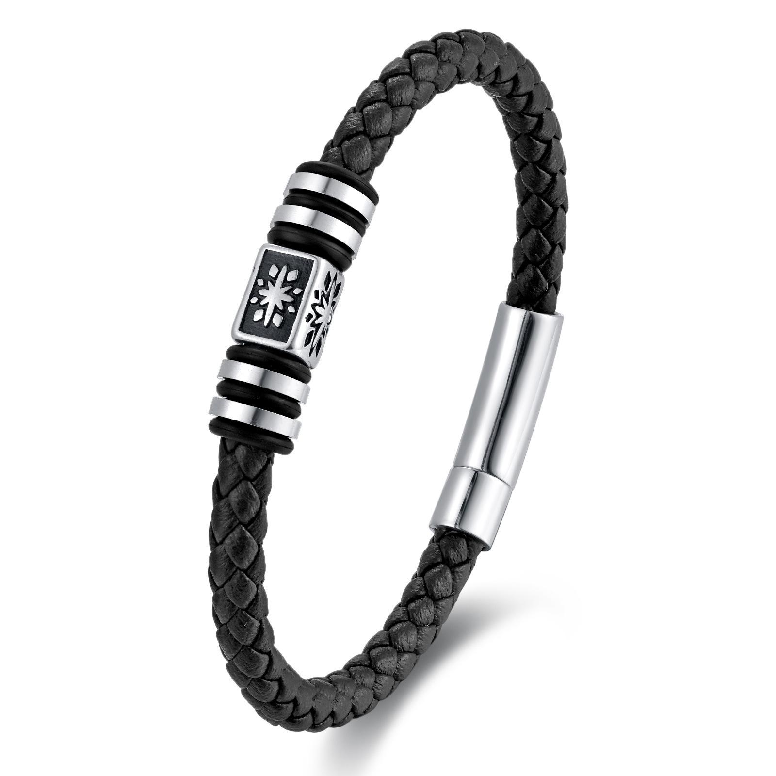 

Stainless Steel Men Bracelet Magnetic Clasp Black Leather Wristband Braided Rope Business Bangle for Male Jewelry Gifts 21cm