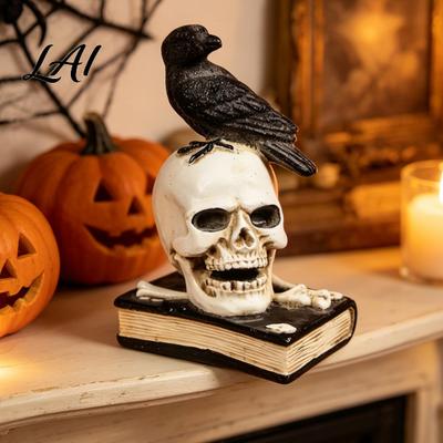 Decorative Resin Skeleton Mystical Raven On Skull Statue Gothic Crow Perching Figurine Holiday Gift for Goth Lovers with Book Spooky Halloween