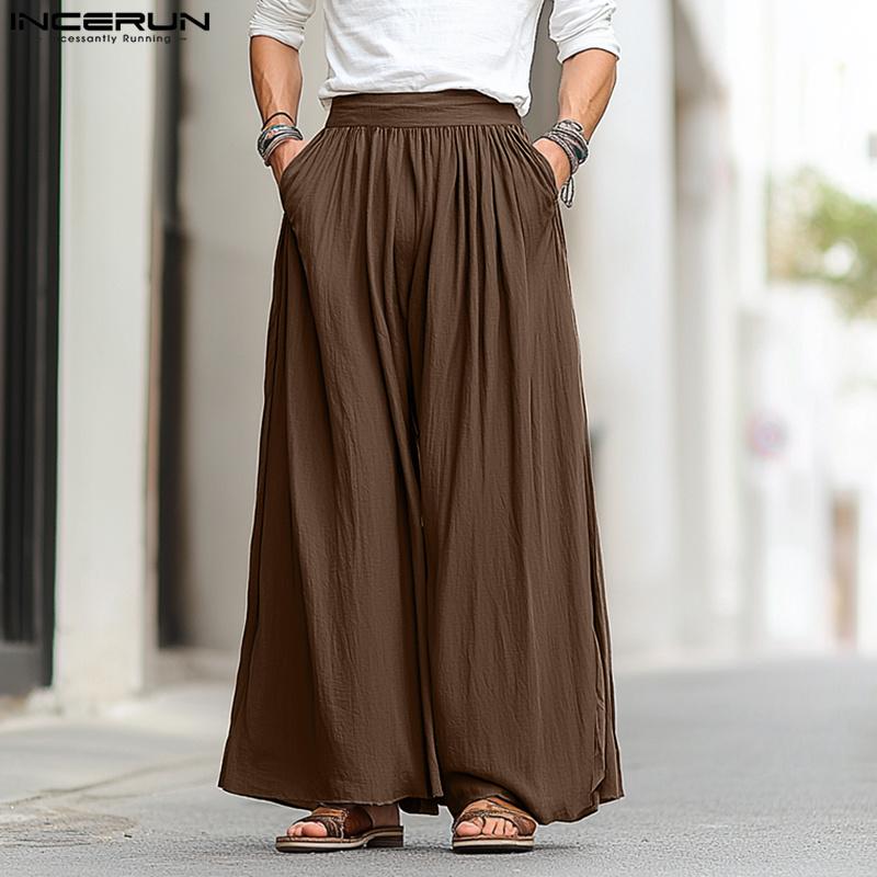 INCERUN Neformální kalhoty s elastickým pasem a širokými nohavicemi, dlouhé kalhoty s kapsami