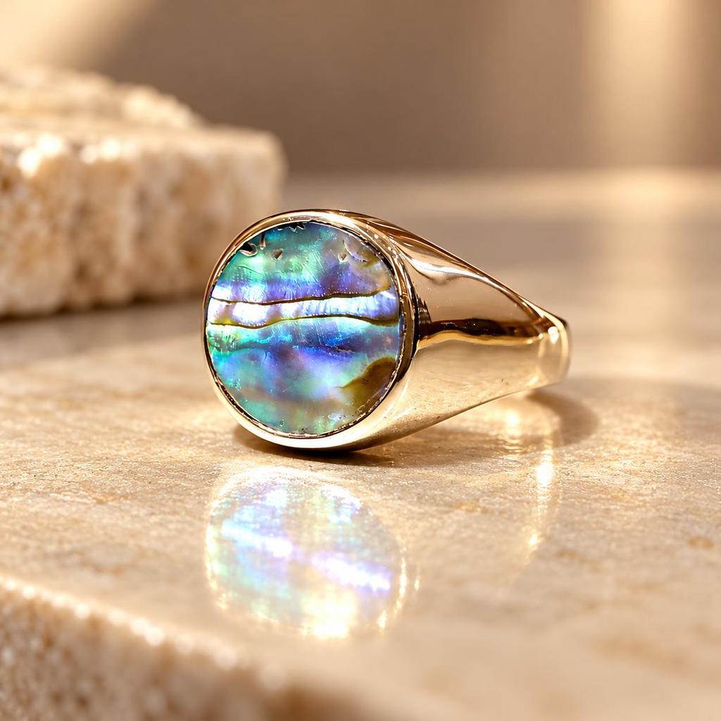 Round Abalone Shell Signet Ring, 925 Sterling Silver, Iridescent Boho Gemstone Jewelry