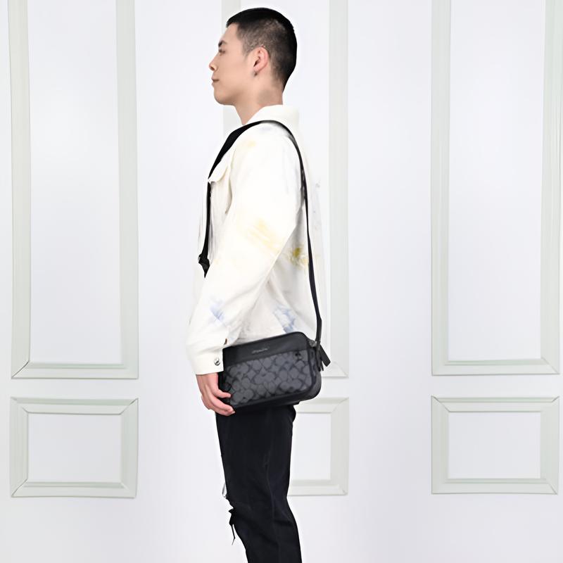 Coach Crossbody Bag Graham 23 Metal Logo Signature Pendant Coated Canvas and Calf Leather Camera Small Square Shoulder Medium Men's Charcoal Black