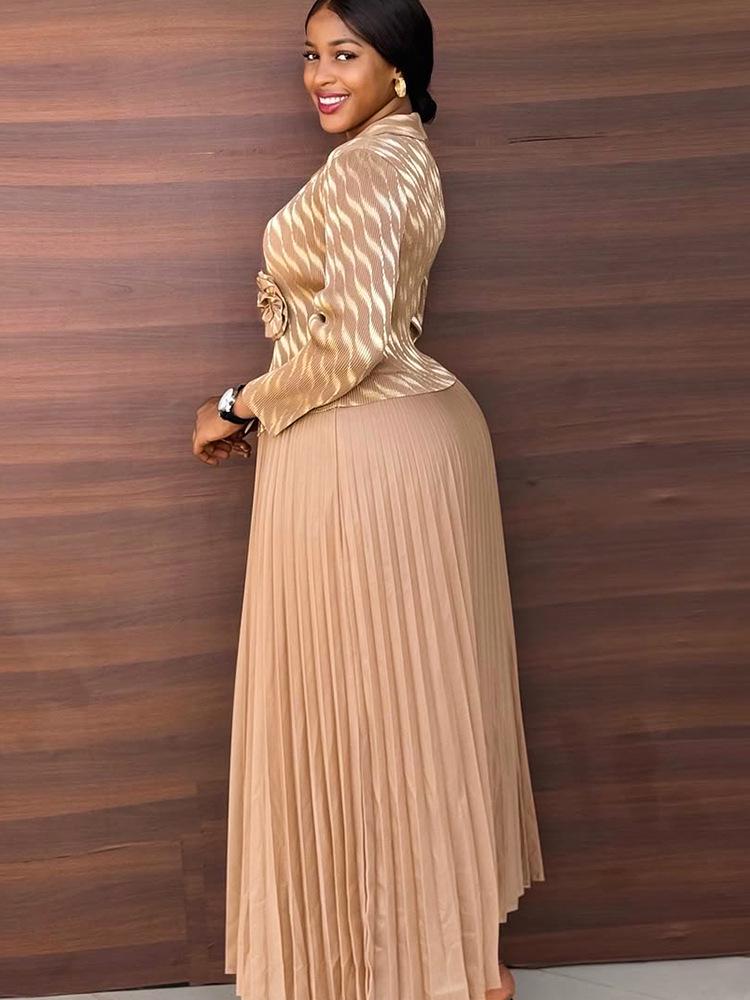 Plus Size Women's High-End Gold Foil Print Pleated Dress with Faux Two-Piece Long Skirt - Casual Style