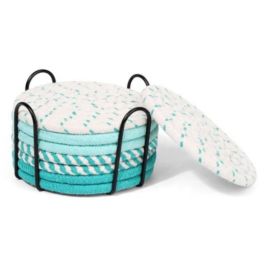 Yousheng 8Pcs Cotton Woven Coasters for Drinks, Absorbent Coasters Set with Holder, Wear-Resistant Insulating Heat-Resistant Coasters for Cups Teapots