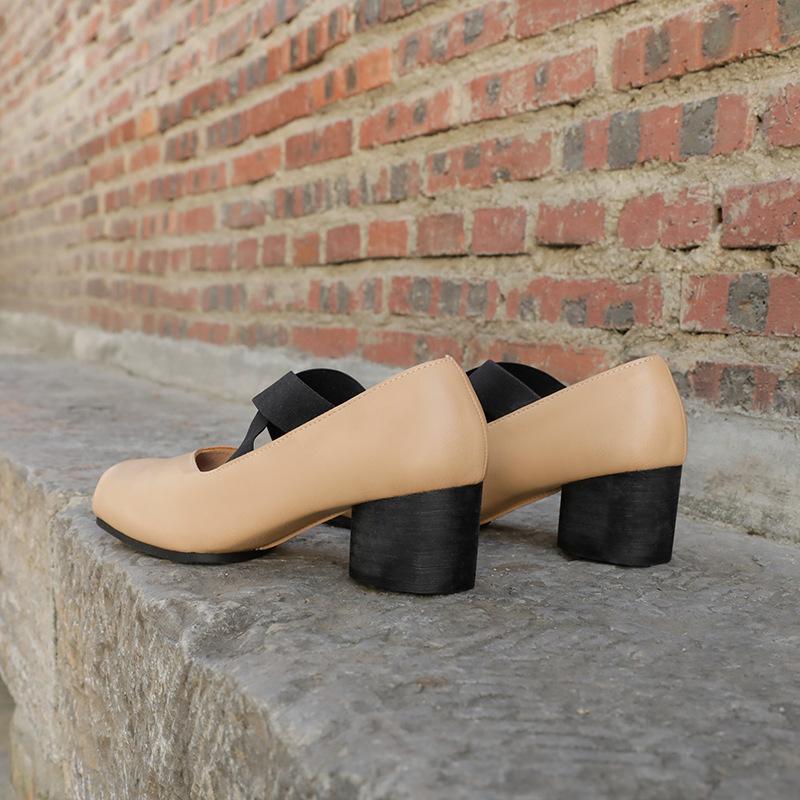 Grape Mom Studiolee High Heel Mary Jane Single Shoes Vintage Cross Strap Square Head Cowhide Cowhide Coarse Heel Ballet Shoes