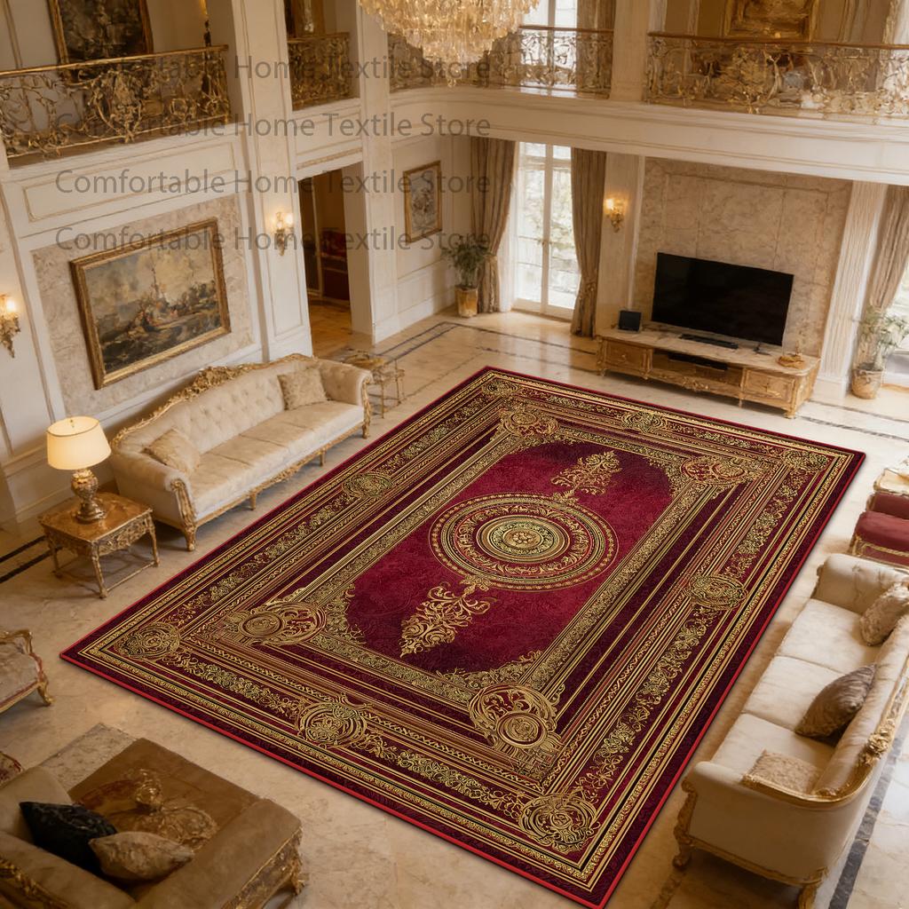 European Red Retro Large Apartment Soft Carpet Decoration Living Room Non-slip Luxury Rug Easy Clean Lint-free Coffee Tables Mat