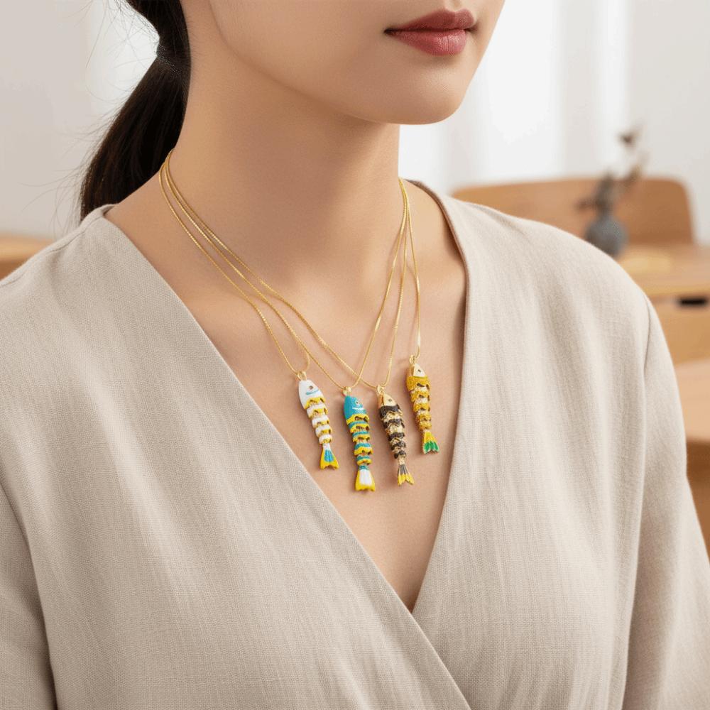 Collier Vitré Mobile Bijoux Dorés Colorés Personnalité Collier Poisson Émail Femme