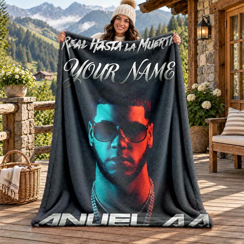 Anuel AA Custom Name Flannel Blanket Personalized Soft Warm Plush Throw Blanket Customized Gift for Family Friends