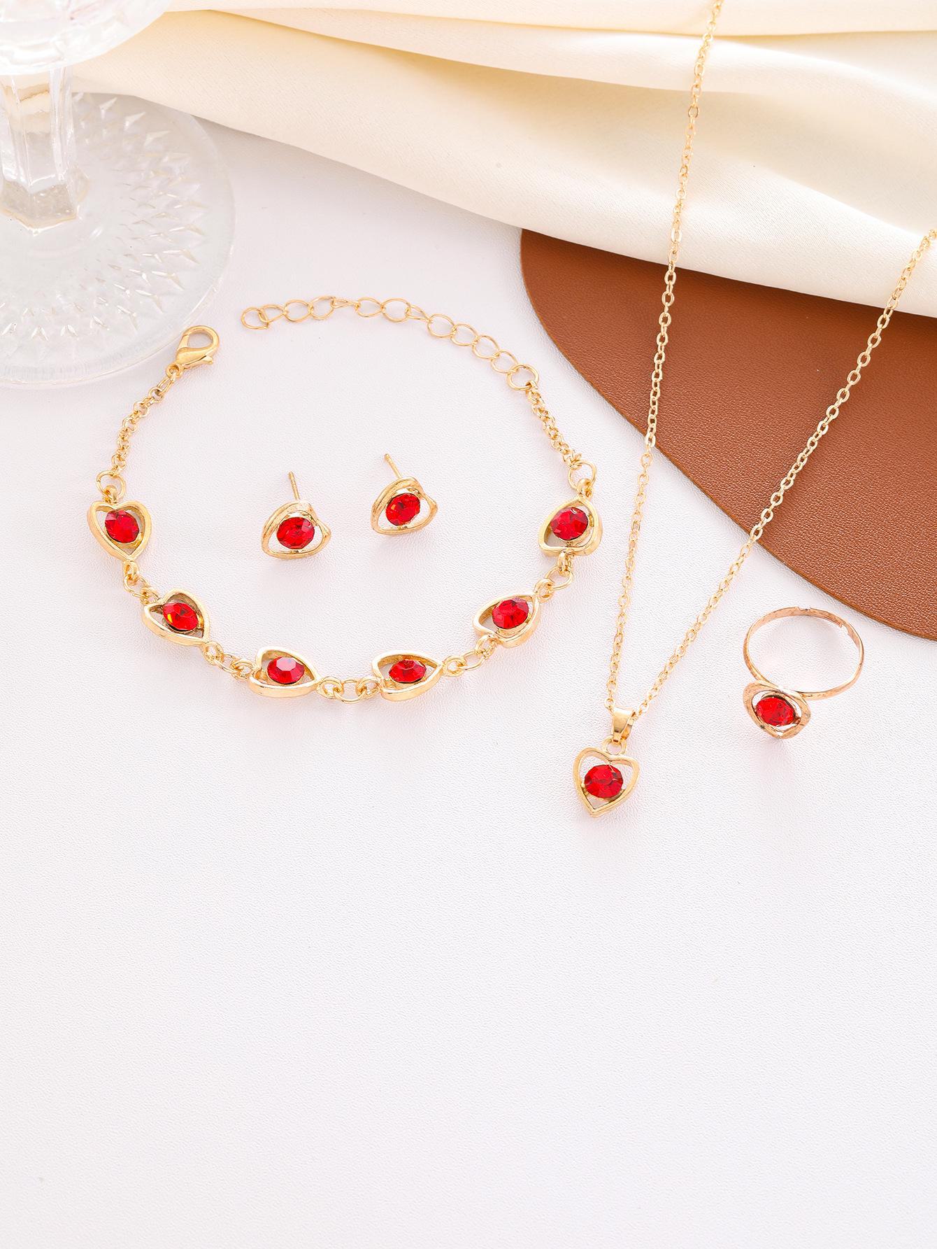 

Комплект украшений с хрустальным сердцем: Европейская и американская мода: ожерелье, серьги, кольца и браслеты CK0613 4-piece set красный