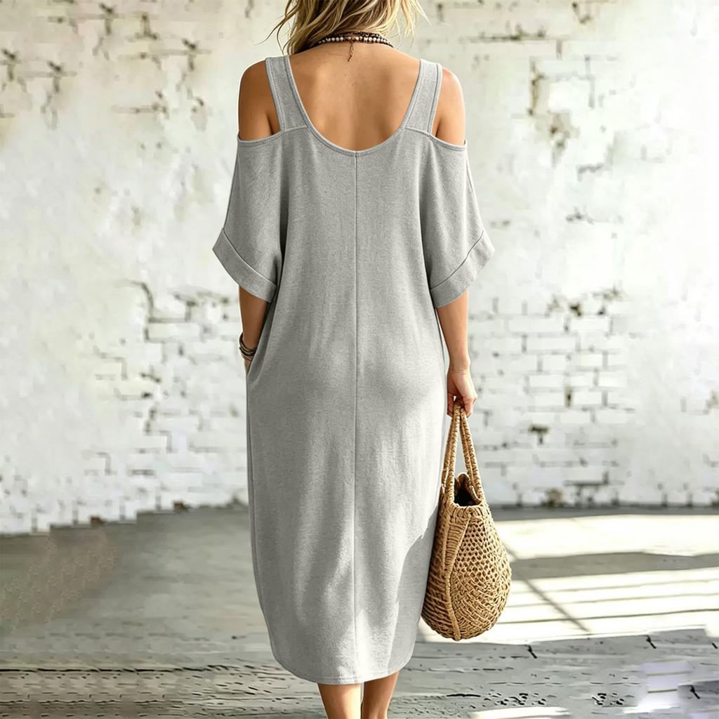 Women's V-Neck Off-Shoulder Midi Dress with Pockets Loose Fit Casual