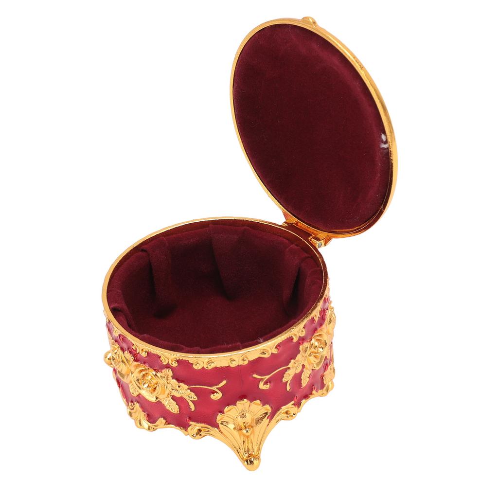 Vintage Metal Jewelry Box Round Exquisite Hand Carved Gold Flower Pattern Trinket Organizer for