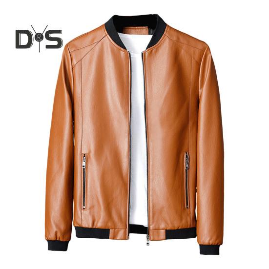 

Мужская куртка из искусственной кожи с воротником-стойкой и длинными рукавами, с карманами, однотонная мотоциклетная куртка с эластичным подолом M коричневый