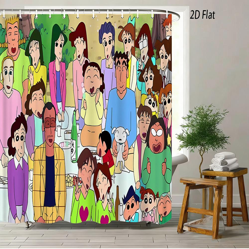 Crayon Shin-Chan The Movie Super Power Battle 2D Print Waterproof Shower Curtain, Yellow Bathroom Decor With Hooks