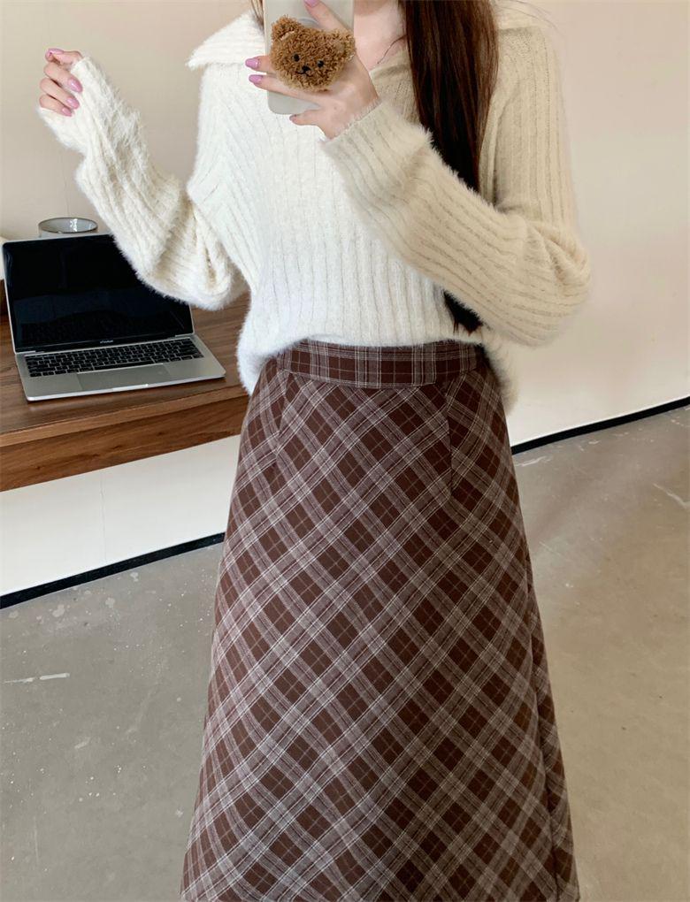 Retro Plaid Maillard Women's Slimming Velvet A-Line Skirt - Elegant Autumn/Winter Bodycon Style