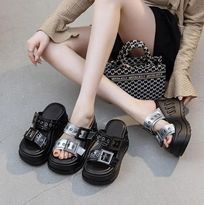 Fashion 10CM New Women's Summer Outdoor Beach Wedge Heel Thick Bottom Slip-On Slippers High Heels Buckle Shoes 2025 Ladies Flat Sandals