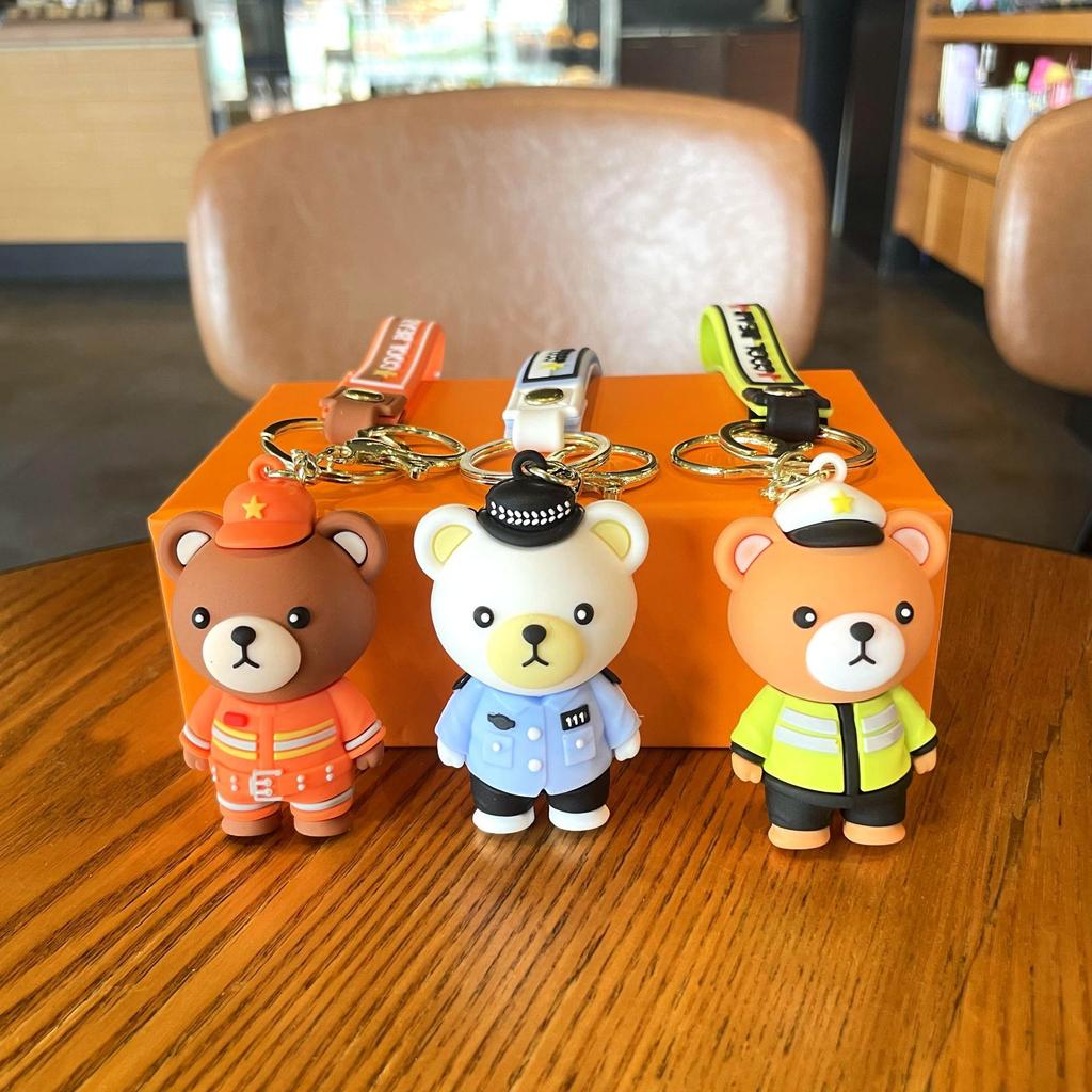 Cartoon Epoxy Traffic Police Firefighter Bear Keychain Promotional Gifts Fashion Couple Accessories Cute School Bag Lanyard