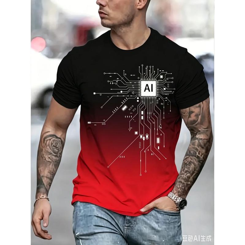 2026 New Men's AI Circuit Board Print T-shirt Gradient Crew Neck Short Sleeve Casual Tee for Streetwear Summer Breathable Tops