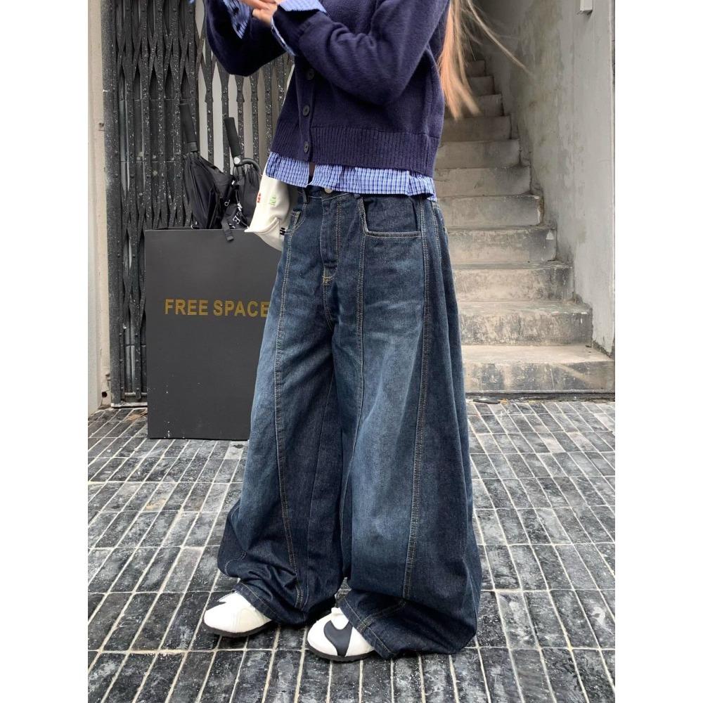 Retro Washed Scimitar Y2K Jeans Women's Fashion High Street Design Baggy Jeans Versatile Harajuku Wide Leg Floor-Mopping Pants