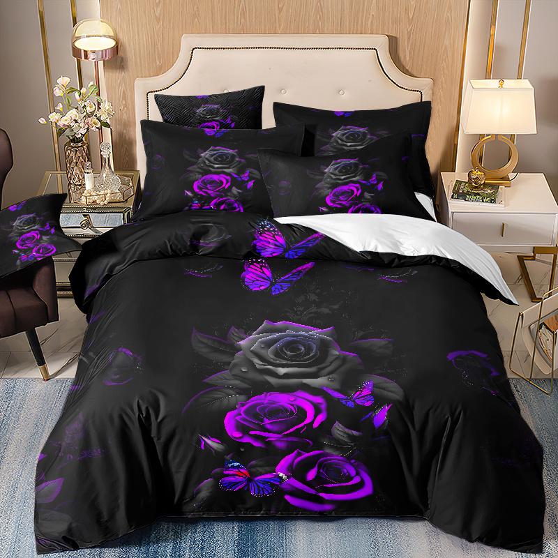 3Pcs Duvet Cover Set 1Pc Duvet Cover 2Pcs Pillowcases Without Core Ultra-Soft Comfortable Breathable Roses Butterflies