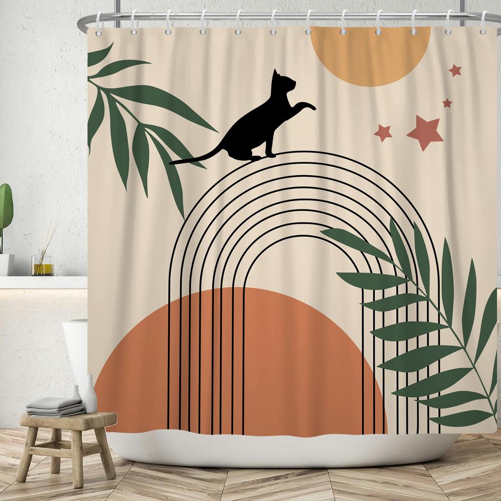 Nordic Wind Shower Curtain Abstract Aesthetic Arch Sun Leaf Modern Minimalist Bathroom Curtain Waterproof for Hotel Bathtub