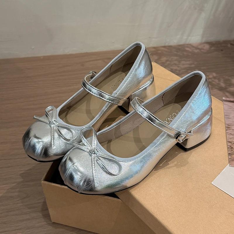 Mary Janes mit Schleife, mittlerem Absatz, quadratischem Absatz, flach, Damenschuhe im Ausverkauf 2025 Mode Frühling/Herbst Einfarbig Kleid Pumps